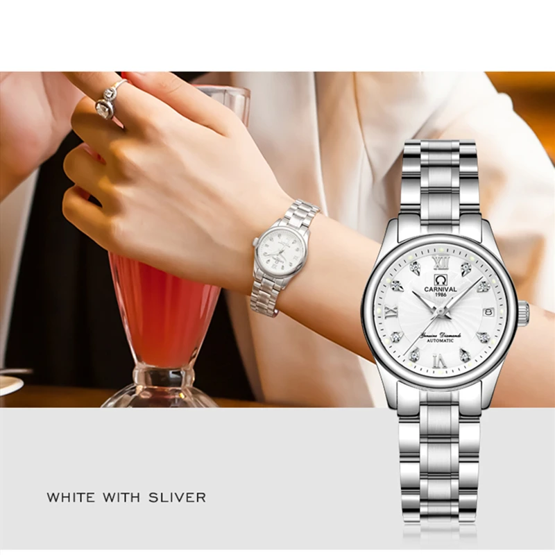 Najtaniej Karnawał szwajcaria Sapphire mechaniczne zegarki damskie luksusowa marka pełna stal panie wodoodporny automatyczny zegarek kobiety kol saati