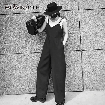 

TWOTWINSTYLE Casual Loose Women Jumpsuits V Neck Sleeveless Spaghetti Strap High Waist Straight Jumpsuit For Female Fashion Tide