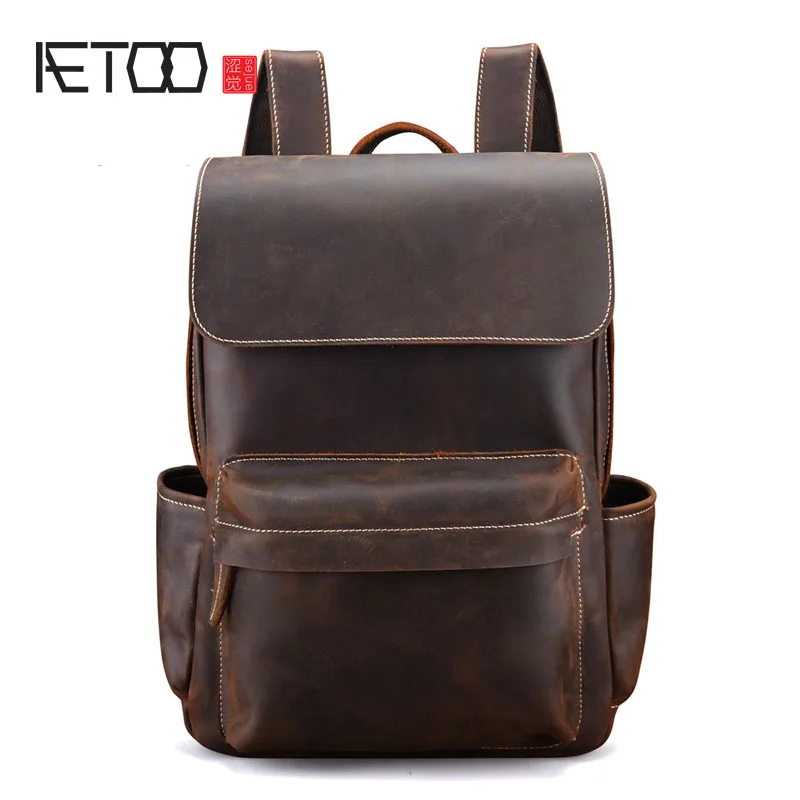 

BJYL Brand Designer Men Genuine Leather Backpack Crazy Horse Vintage Daypack Multi Pocket Casual Rucksack Vintage Handmade Tote