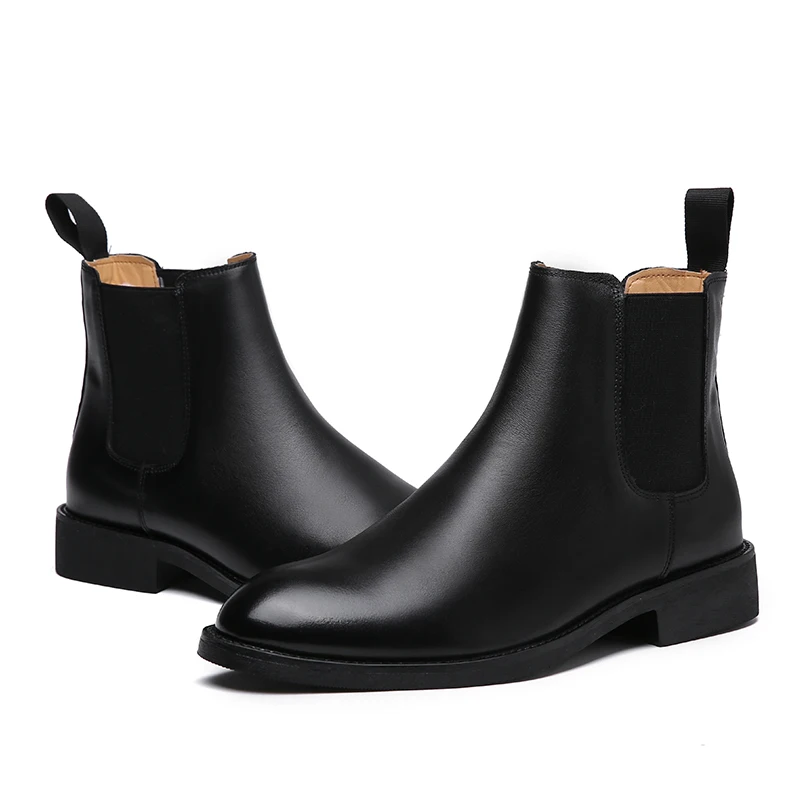 New Fashion Vintage Men Casual Shoes Autumn Winter Plush Warm Work Ankle Boots Genuine Leather Pointed Toe Black Chelsea Boots