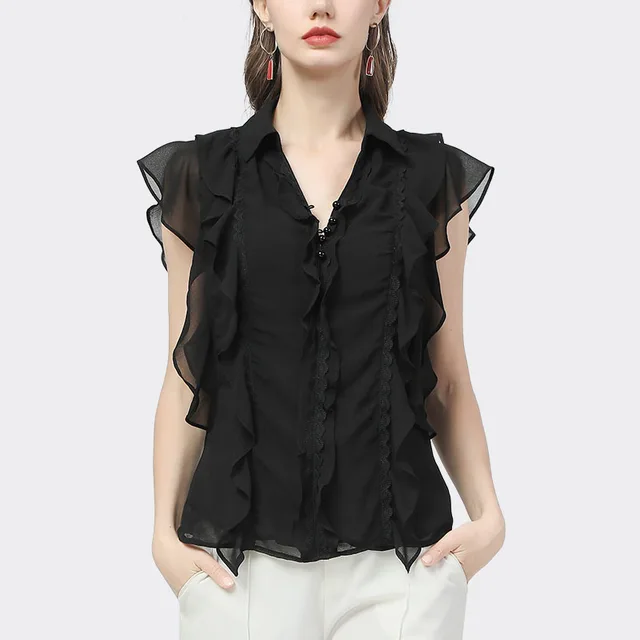 Fashion Women' Summer Sleeveless Black Chiffon Blouse Ruffles Turn-down  Collar Female Casual Tops Loose Plus Streetwear Shirts - Women Blouse -  AliExpress