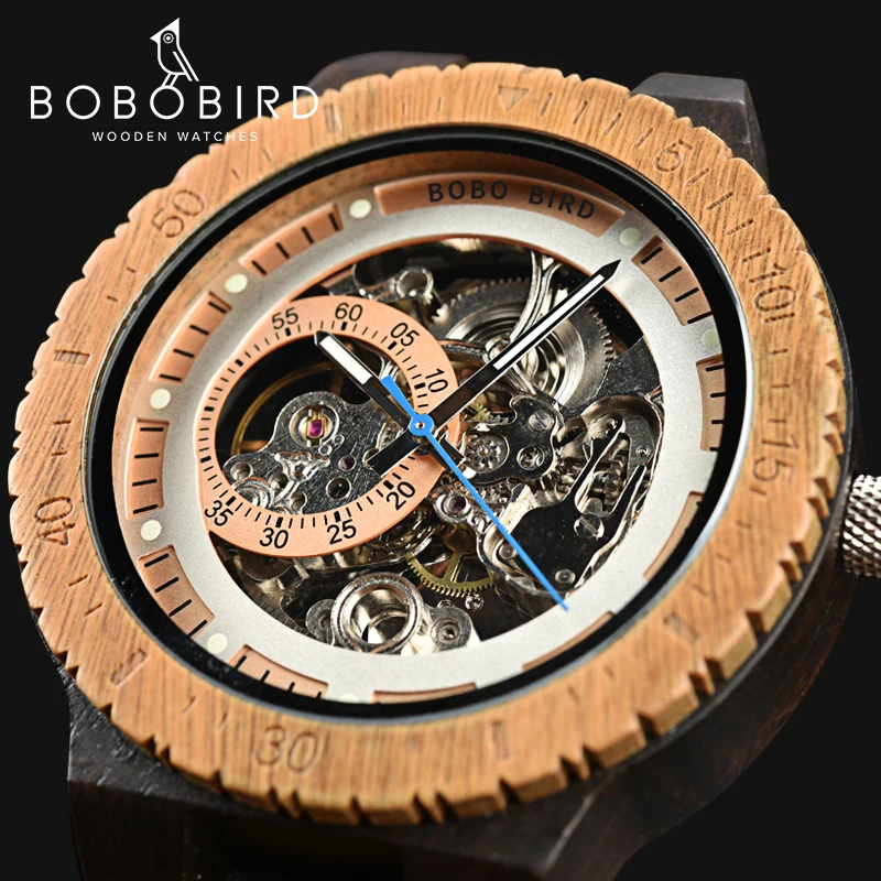 

BOBO BIRD Wooden Mechanical Watch Men Luxury Retro Design Case With Gold Label Beside Automatic and Multi-Functional Wristwatch