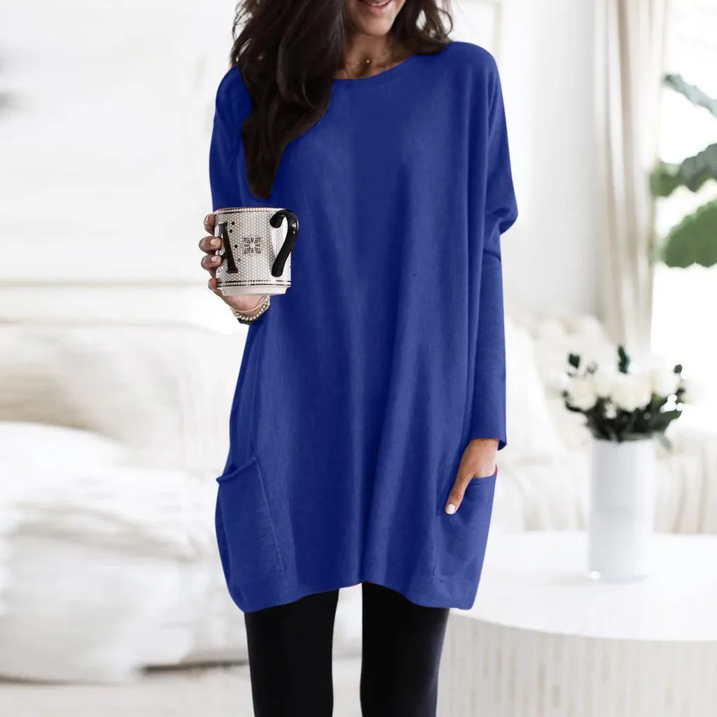 Women Solid Warm Long Sleeve Sweatshirt Loose Pocket Daily Pullover Tops Plus Size Femme Tops#30