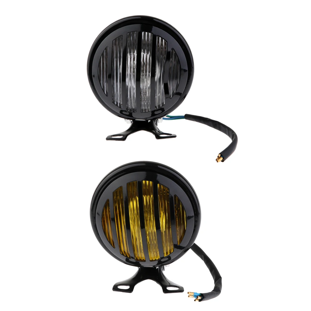 2x 6 inch Motorcycle Retro LED Finned Grill Headlight Head Lamp Replacement for Harley Bobber Cafe Racer Cruiser -Amber + Clear