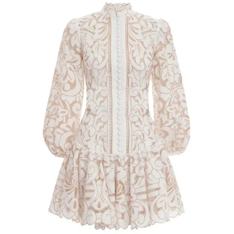 

Red RoosaRosee Designer Women Spring Summer 2020 Stand Collar Long Sleeve Hollow Out Embroidery Mini Dress Female Vestidos Robe