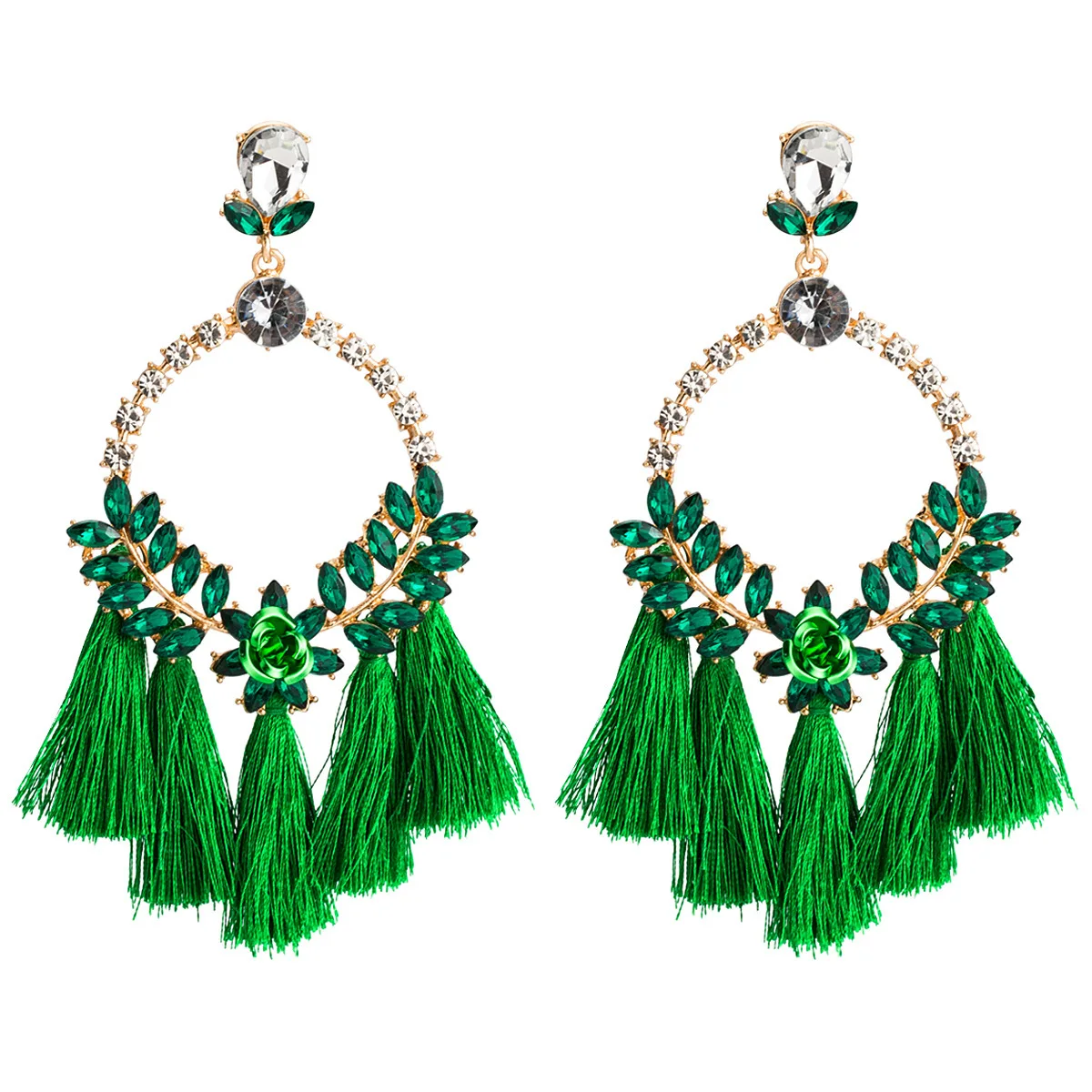 

Jouval Boho Crystal Leaf Flower Large Circle Tassel Drop Earrings Women Luxury Plants Long Dangle Fringe Earring Female Jewelry