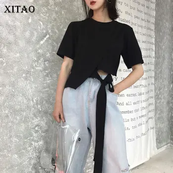 

X XITAO Korean Style Personality Crop Top Trend Black Short Bandage T Shirt Trend Fashion Summer New Women Clothes 2020 DMY4228