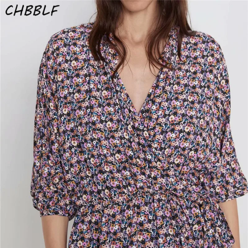 

CHBBLF women retro floral print blouse Cross V neck bow tie sashes elastic waist shirt vintage chic casual tops blusas XSZ2019