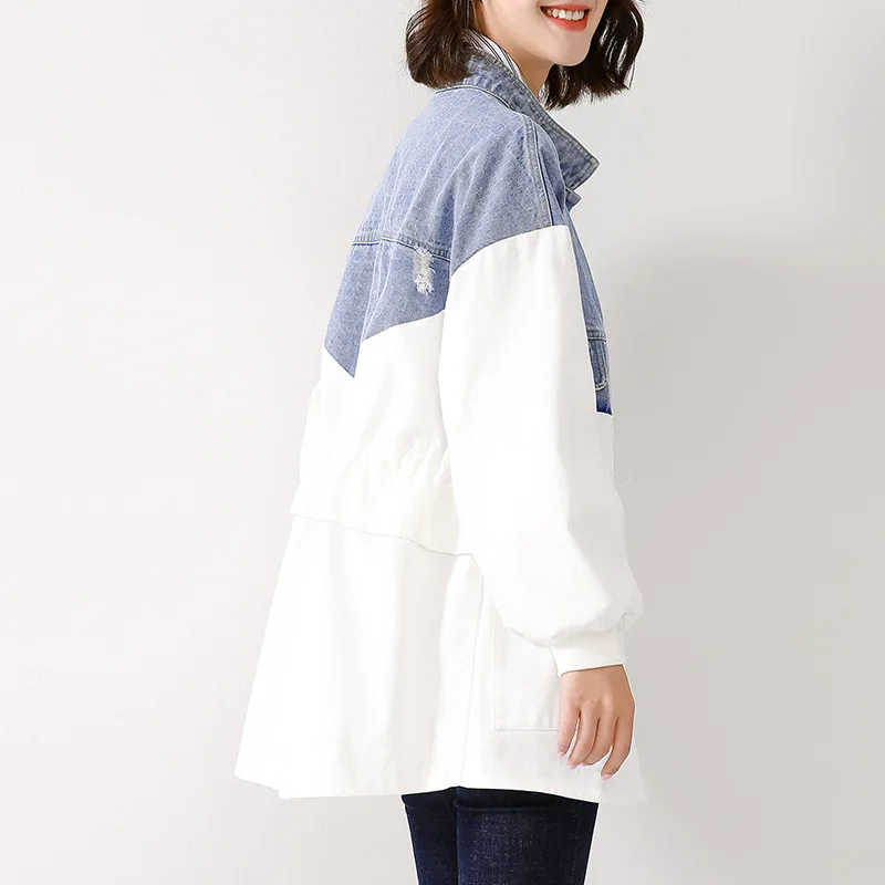 

2019 Autumn Clothing New Style Cowboy Joint Contrast Color Simple Casual Mid-length Wind Coat Loose And Plus-sized Tops