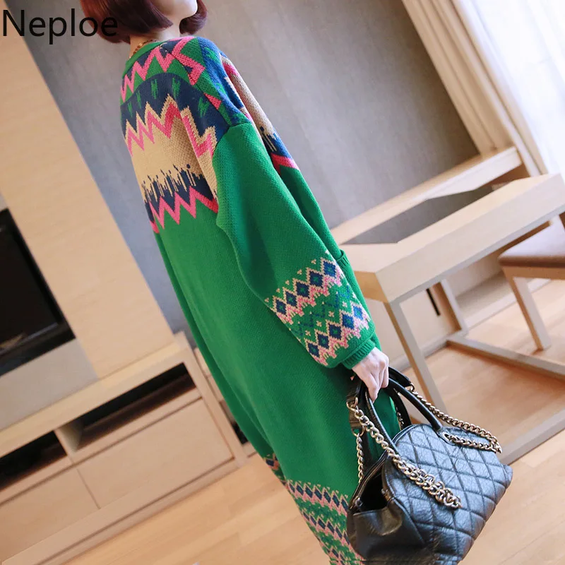 

Neploe Korean V Neck Maxi Knit Cardigans Loose Plus Size Sweater Women Contrast Color Patchwork Pull Femme Hiver Coat 46274