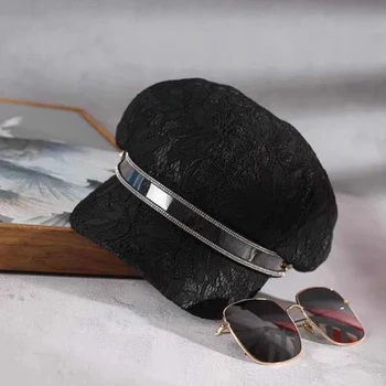 

Beret women summer thin hat breathable lace wild navy style octagonal hat