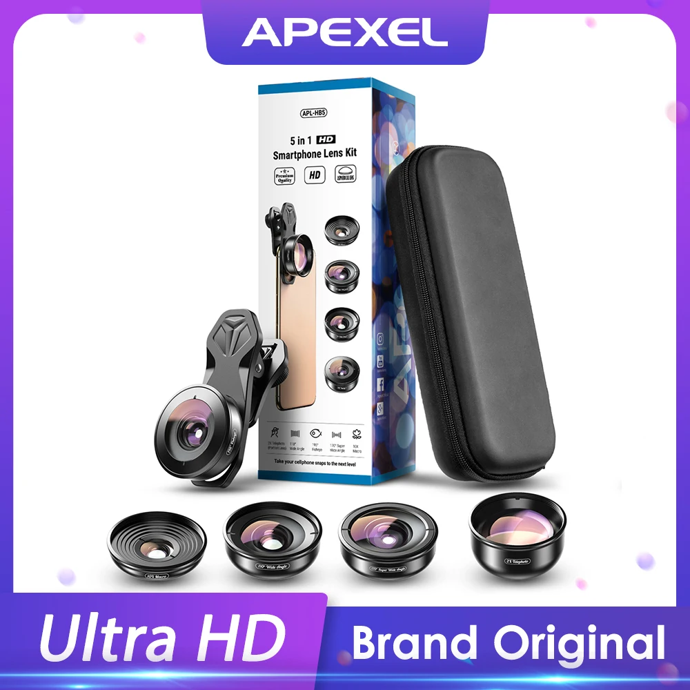 

APEXEL HD 5 in 1 Camera Phone Lens 4K Wide macro lens portrait super Fisheye Lens CPL Filter for iPhone7 8 Samsung allsmartphone