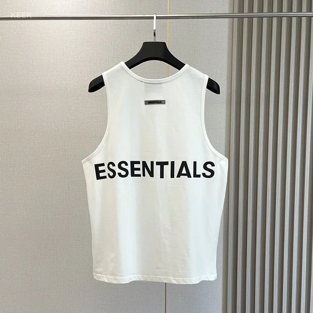 Essentials Men's Sleeveless T-shirt 100% Cotton Reflective Back Printed Letters Hip Hop Men Sleeveless Shirt white