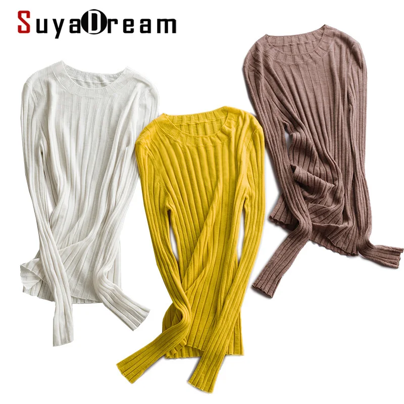 

SuyaDream woman Color Wool sweaters 100%Wool O neck Pullovers Long Sleeve Solid Slim Rib knits Sweaters 2020 Fall Winter Top