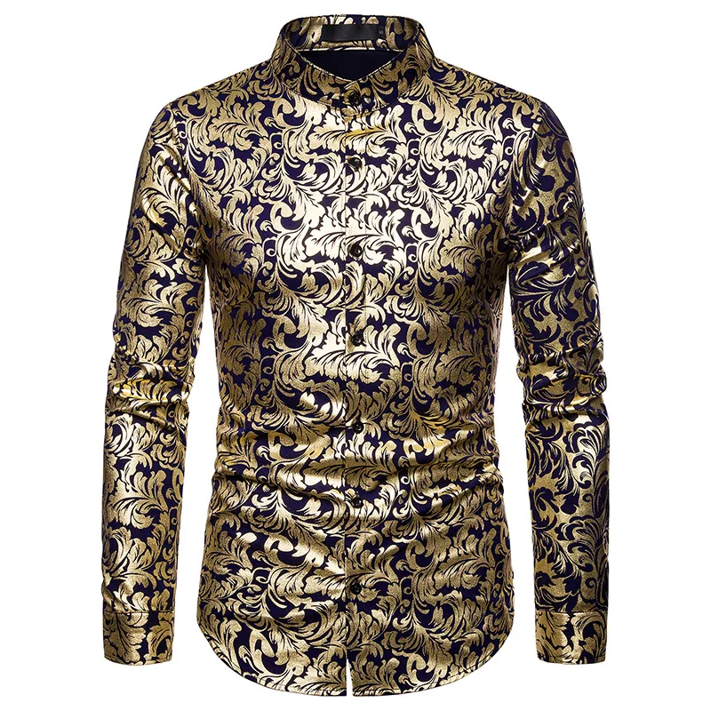 

Shiny Gold Floral Print Shirt Men Slim Fit Mandarin Collar Dress Shirts Men Party Wedding Baroque Camisa Masculina Shirt