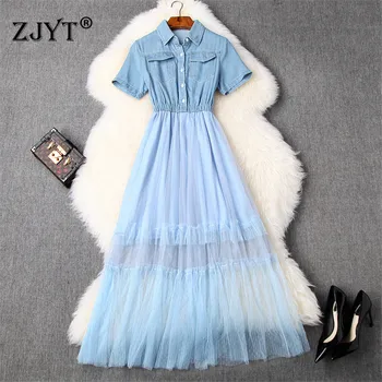

Summer Women 2020 Fashion New Runway Designers Turn Down Collar Mesh Patchwork Mid Calf Aline Casual Denim Dress