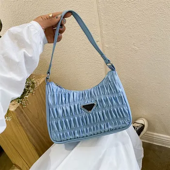 

Women's Bag 2020 New Fashion Wild Oxford Cloth Fold Shoulder Bag Designer Quality Casual Hand Bag Tide Girl Blue Beige