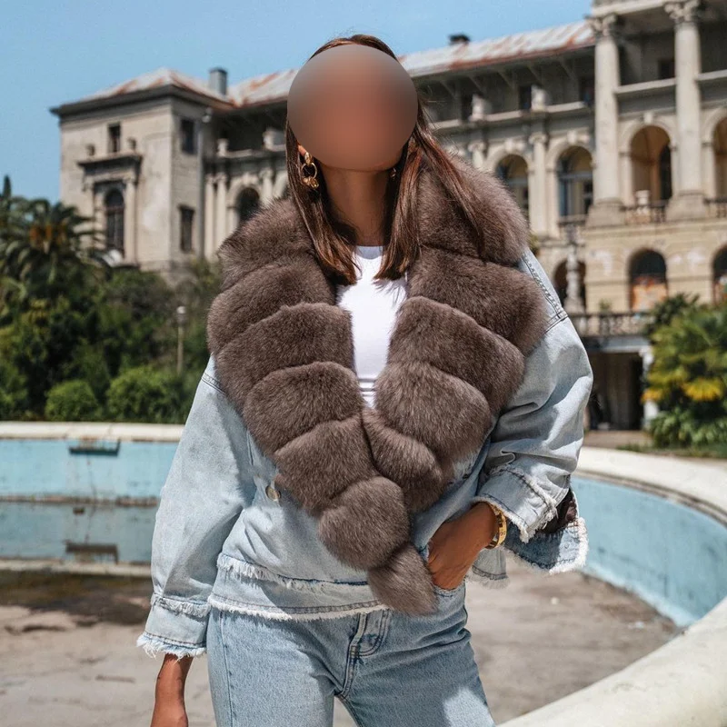 Denim Coat with Real Large Fox Fur Collar for Women, Furry Jacket, Fluffy Suit, Luxurious Brown and Yellow Coat, Winter Fashion
