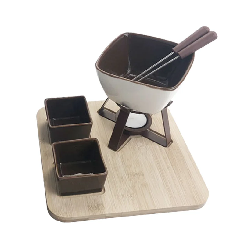 Fondue Pot Set, Glazed Ceramic Fondue Set for Chocolate or Cheese &ndash; Perfect Gift Idea for Housewarming or Birthday