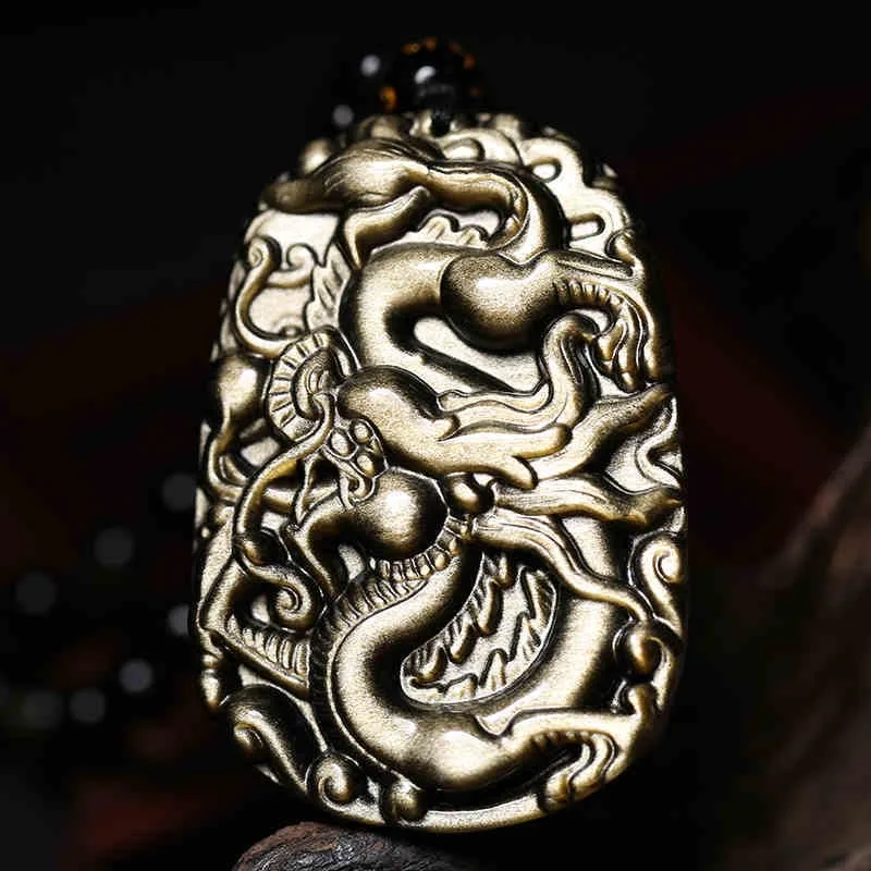 Чудесный натуральный Золотой обсидиан ручная работа китайский дракон удача