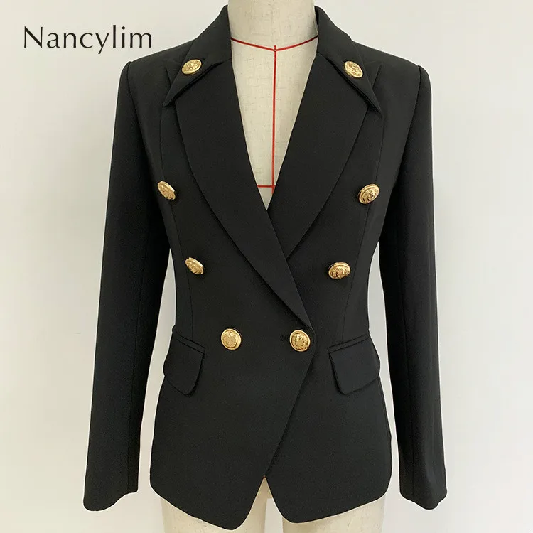 2019 Autumn/winter Woman Black Blazer New Suit Jacket Notched Classic Metal Buckle Double-button Small Suit Coat Lady 2019 Autumn/winter Woman Black Blazer New Suit Jacket Notched Classic Metal Buckle Double-button Small Suit Coat Lady