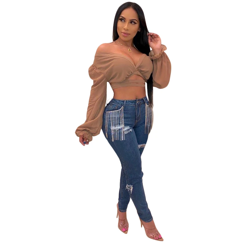 Tsuretobe осень модные рваные Рваные джинсы Для женщин Bodycon кисточкой джинсовые узкие брюки Повседневное тонкий Высокая талия джинсы облегающие, брюки
