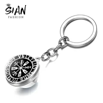

SIAN Vikings Compass Amulet Keychain Nordic Runes Art Pattern Double Sided Glass Ball Key Chain Holder Men Jewelry Scandinavian