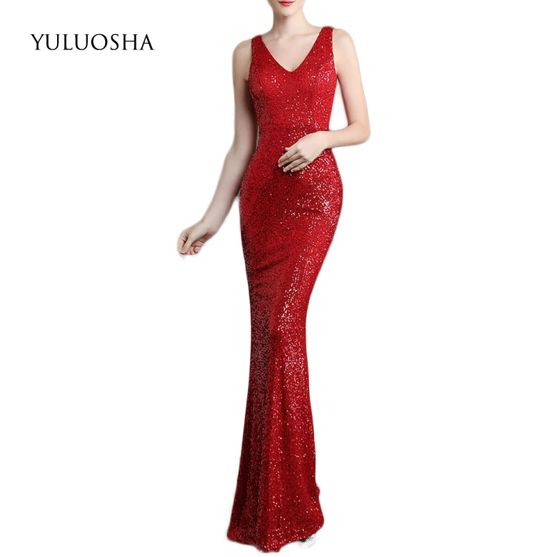 YULUOSHA Gold Formal Dress Women Elegant Backless Sequined Sleeveless Mermaid Royal Blue Vestidos De Fiesta Noche | Свадьбы и