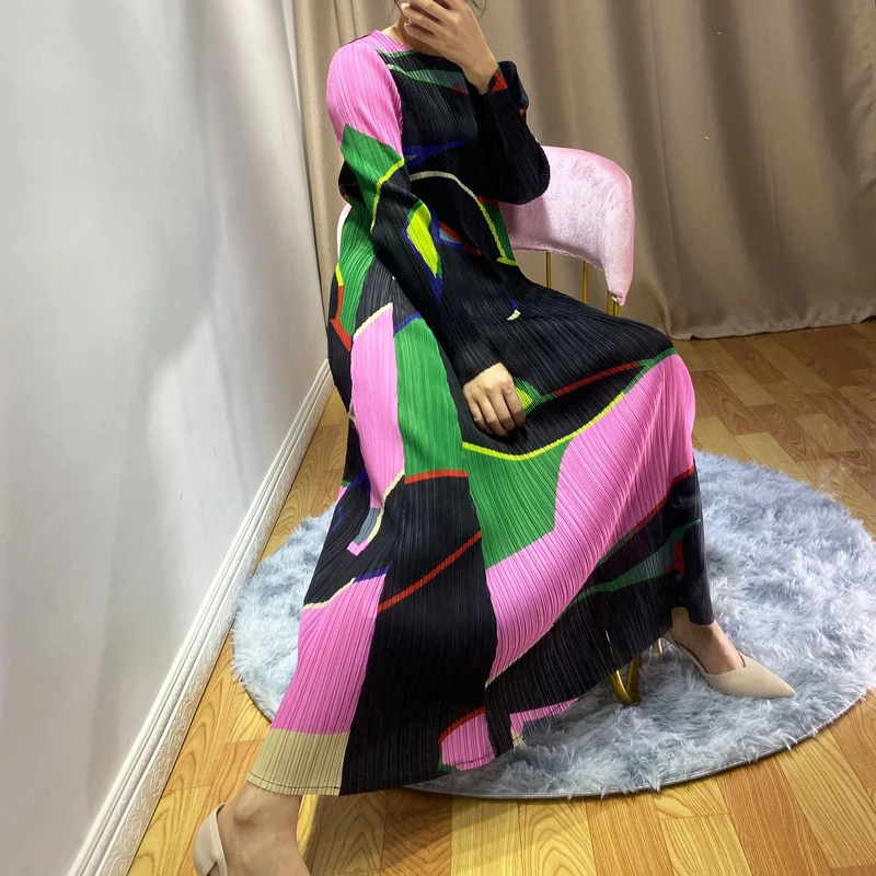 Горячая Miyake модное платье с длинными рукавами и круглым вырезом, платье трапециевидной формы с принтом