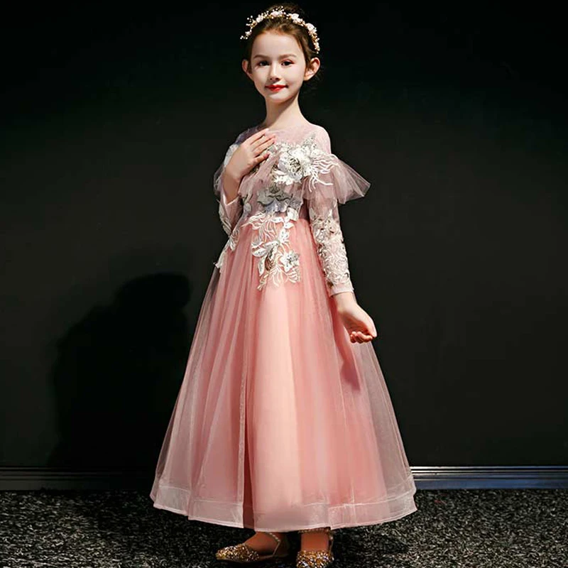 2019Autumn Winter Sweet Cute Beautiful Elegant Florals Princess Dress For Birthday Evening Party Girs Children Host Dress Wear