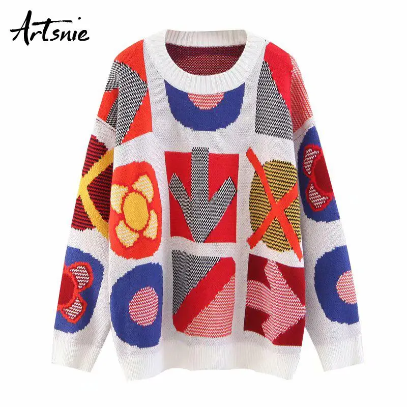 Artsnie, уличная одежда, повседневный женский свитер, осень, круглый вырез, длинный рукав, пэтчворк, джемпер, пуловер, вязанные свитера большого размера, mujer - Цвет: Multi