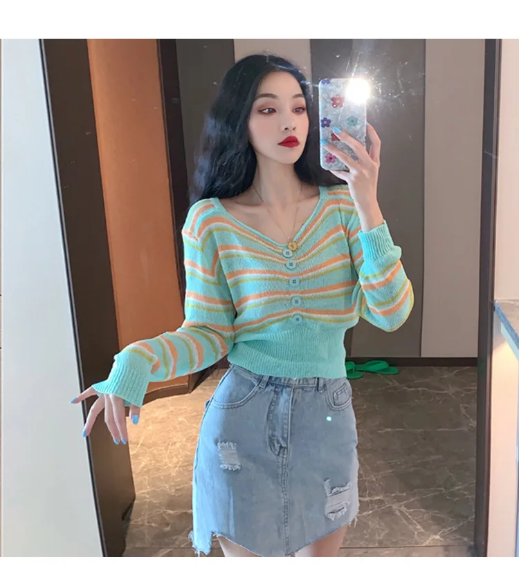 

2019 new elegent fashion style women v-neck striple long sleeve plus size sweater