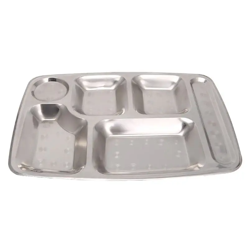 

6 Grid Divided Stainless Steel Kids Snack Tray Food Portion Lunch Box Plate Sale