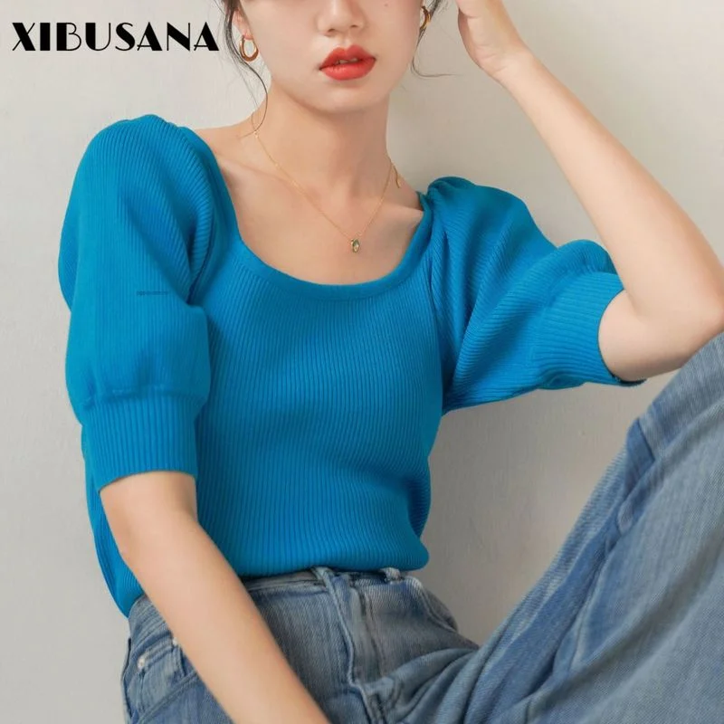 

French Retro Knitted Tops 2021 Summer Puff Short Sleeve Square Collar Ick Slik Sweaters Female Solid Blue Black Crop Top Fashion