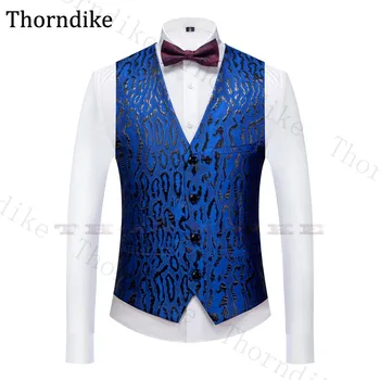 

Thorndike Summer Wedding Dress Suit Vest Men Blue Leopard Print Men Waistcoat Fashion Buttons Slim Fit Groom Wear Waistcoat 2020