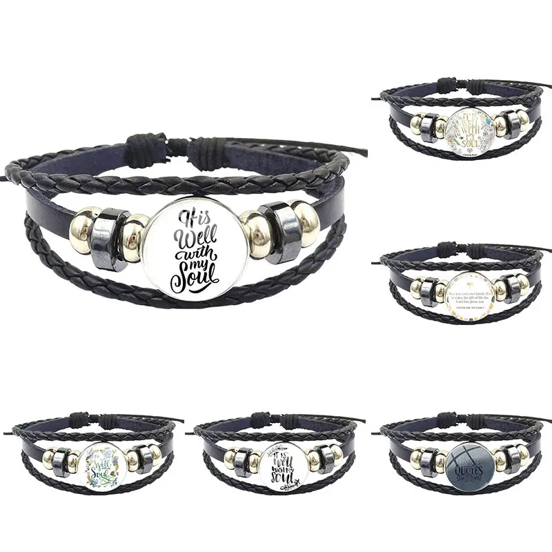 Для женщин и мужчин ювелирные изделия со стеклом Кабошон Черный Кожаный браслет