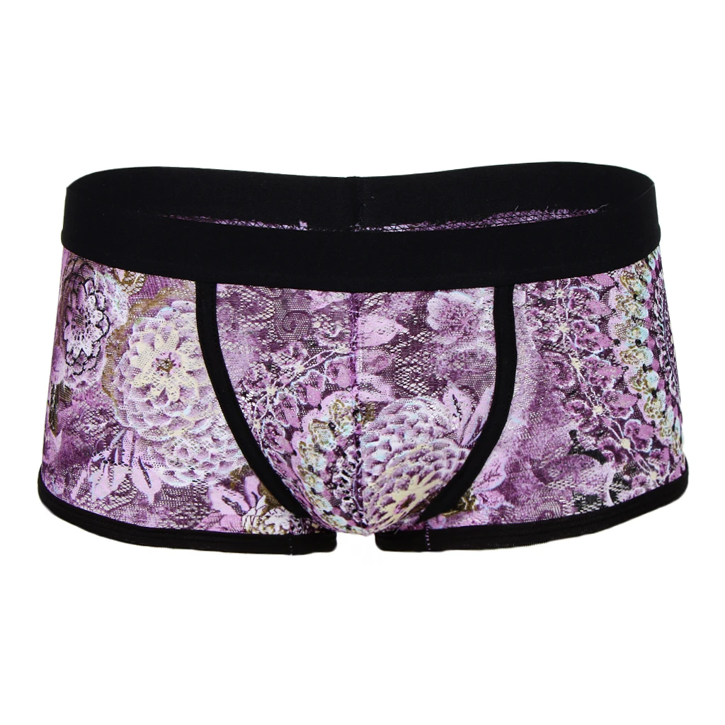 Vintage Soft Men Floral Print Sheer Lace Boxers Underwear Bulge Pouch Underpants Trunks Lingeries