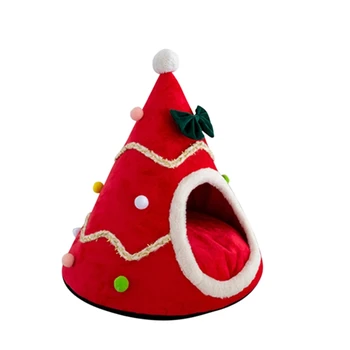

Year Decor Dog Cat Soft Warm Nest Bed Christmas Tree Shape Pet Dog Cat Cave Hous 91AD