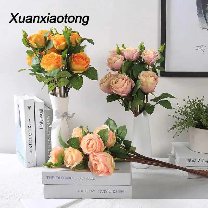 

Xuanxiaotong 60cm Golden 3Head Paris Perfume Rose Flower Artificial for Wedding Festive Party Home Decoration Arch Decor