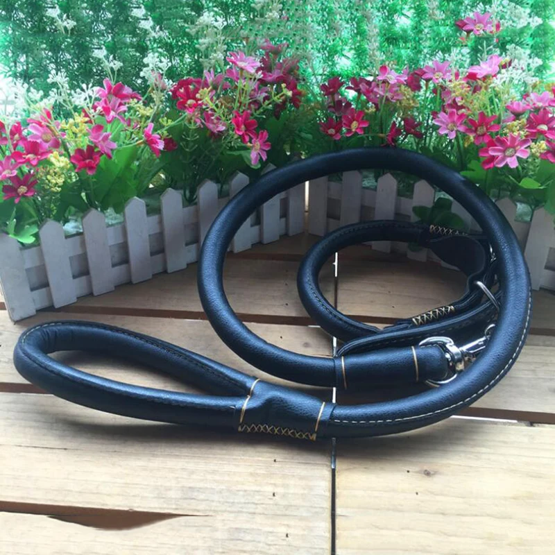 Medium Large Dog Real Leather Collar+Leash Round Strong Firm Leash Set Pet Collar High Quality Big | Дом и сад
