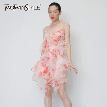 

TWOTWINSTYLE Elegant Ruffles Summer Dress Women O Neck Sleeveless Apsghetti Strap Print Irregular Hem Hit Color Dresses Female