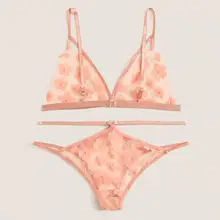 Женский комплект нижнего белья с милой цветочной аппликацией, прозрачный бюстгальтер с вырезами, стринги, нижнее белье, комплект нижнего белья, ropa interior mujer 3