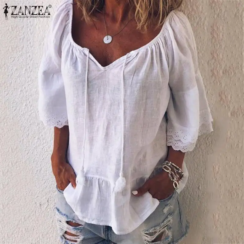 Мода ZANZEA летняя блузка женская с v-образным вырезом кружева Pacthwork Blusas женская рубашка с оборками на рукавах льняная туника Топы открытая сорочка