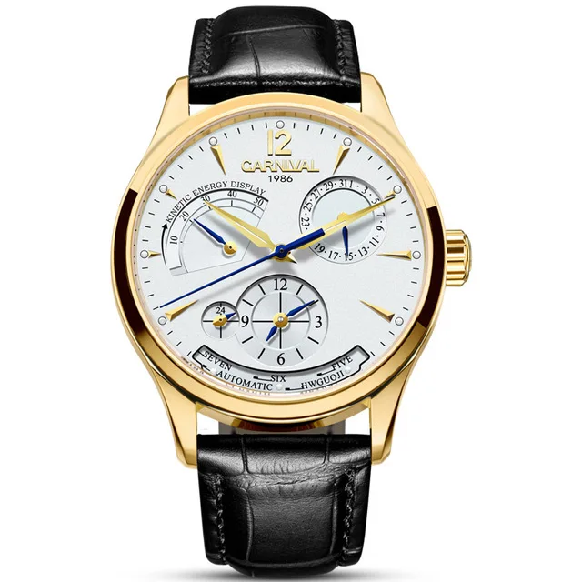 Карнавал Dual time displa спортивные автоматические механические часы для мужчин сапфировый кожаный ремешок люксовый бренд мужские часы relogio saat - Цвет: 03