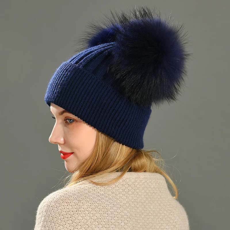 Winter Real Fur Beanie Hat for Women Ladies Double Natural Raccoon