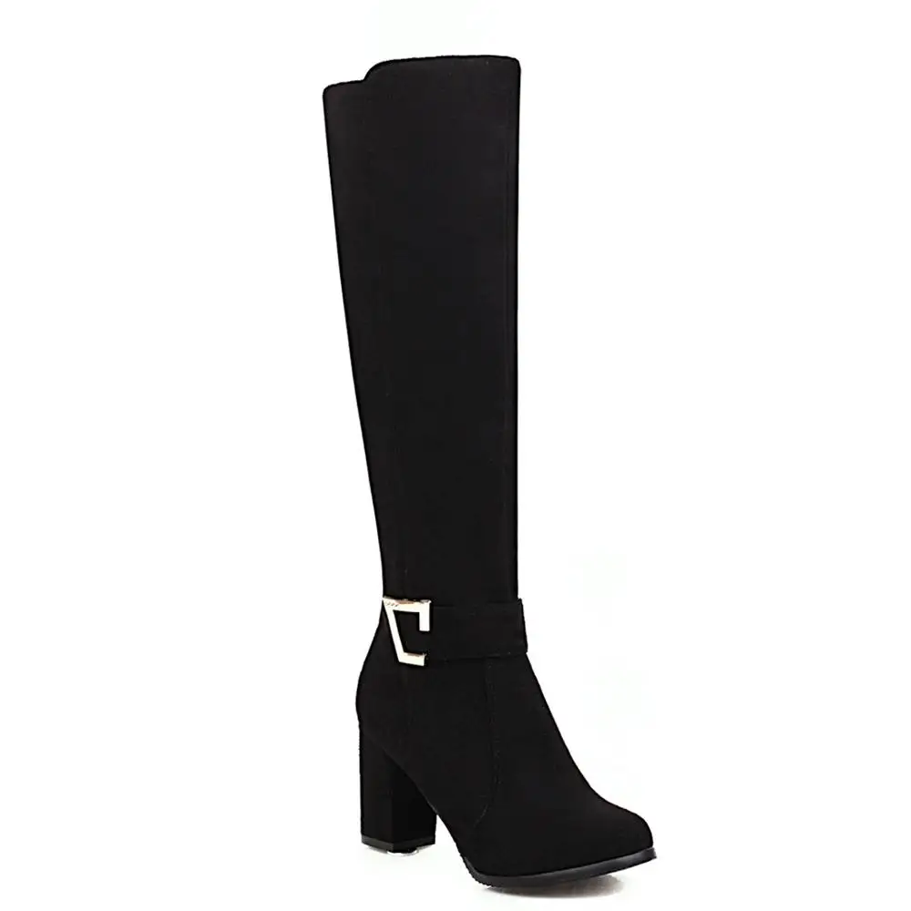Oversized Cow Suede Thick-Heeled Knee-Length Boots With Metal Buckle Nubuck Leather High-Heeled Fashionable Round-Toe Navy Blue