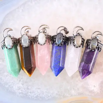 

Natural Stone Pendant Mixed Colors Hexagon Pillar Antique Silver Crown Half Moon Necklace Women Men Healing Jewelry 1Pcs
