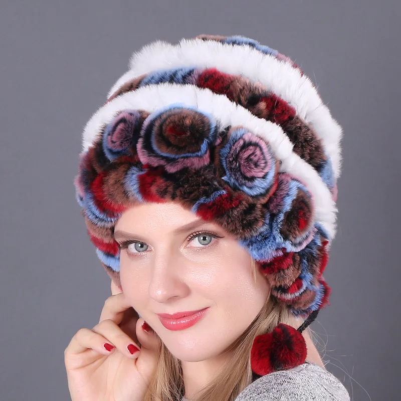 color 12 Зимние меховые шапки для женщин, шапка из натурального кролика Рекс, вязаная женская теплая шерстяная вязаная шапка, элегантная шапка принцессы - Цвет: color 12