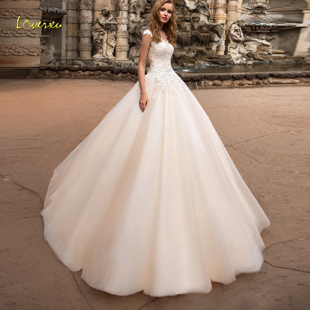 

Loverxu Illusion Scoop A Line Wedding Dresses 2019 Chic Applique Cap Sleeve Button Bride Dress Court Train Bridal Gown Plus Size
