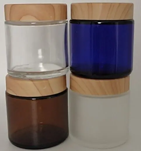 5pcs 100g Clear/Blue/Frosted/Amber Glass Jars Containers Cosmetic Cream Lotion Powder Bottles Pots Travel Container Bamboo Cover